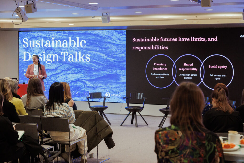 Michelle Sahal Estimé presenting at Sustainable Design Talks, with a slide reading “Sustainable futures have limits and responsibilities” and themes including planetary boundaries, shared responsibility, and social equity.